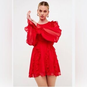 ENDLESS ROSE Valentine Sheer Puff SLV Romantic Ruffle Chiffon Mini Party Dress S